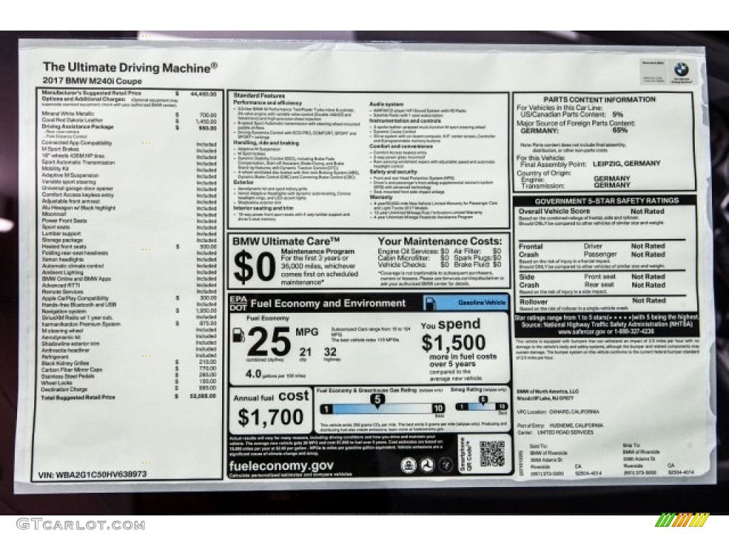 2017 BMW 2 Series M240i Coupe Window Sticker Photo #119048466