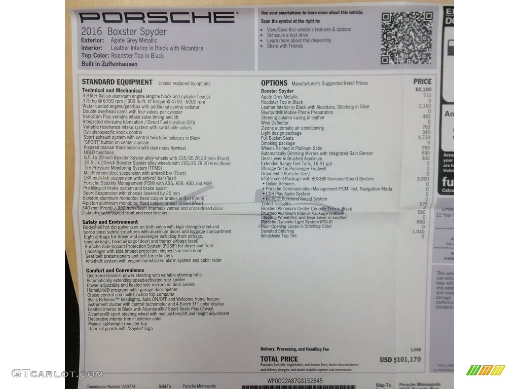 2016 Porsche Boxster Spyder Window Sticker Photo #119060240