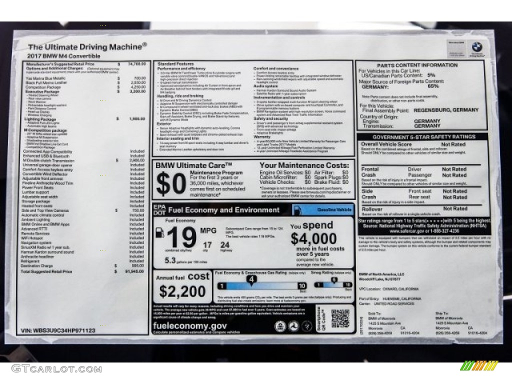 2017 BMW M4 Convertible Window Sticker Photo #119067986