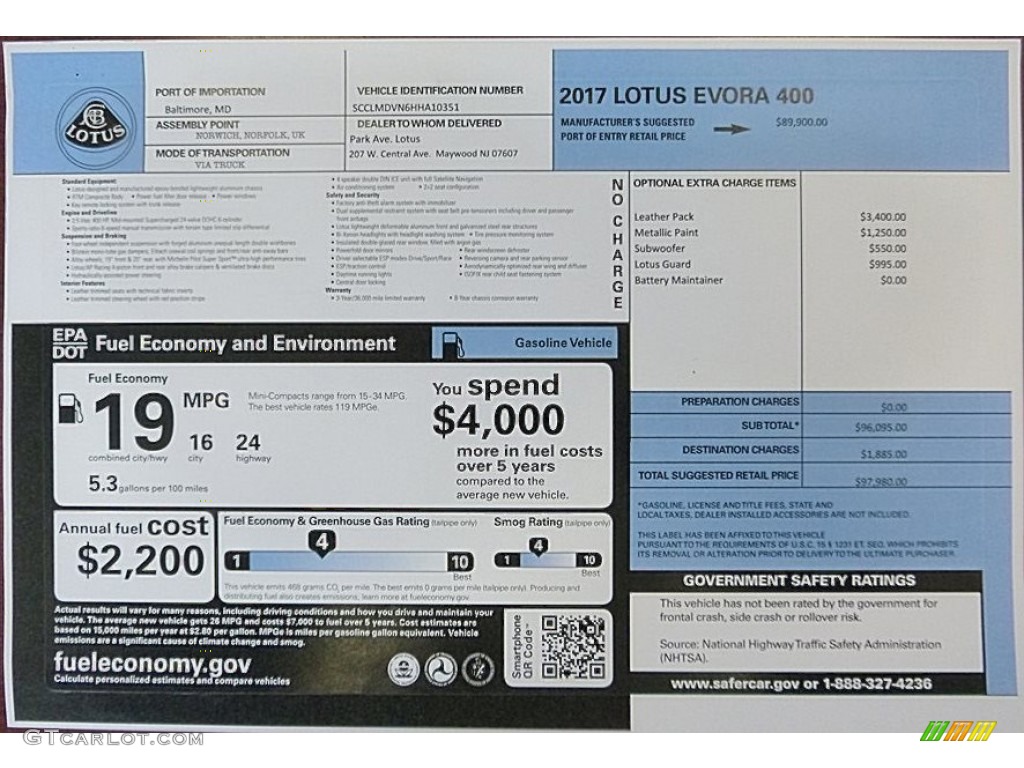 2017 Lotus Evora 400 Window Sticker Photo #119073179