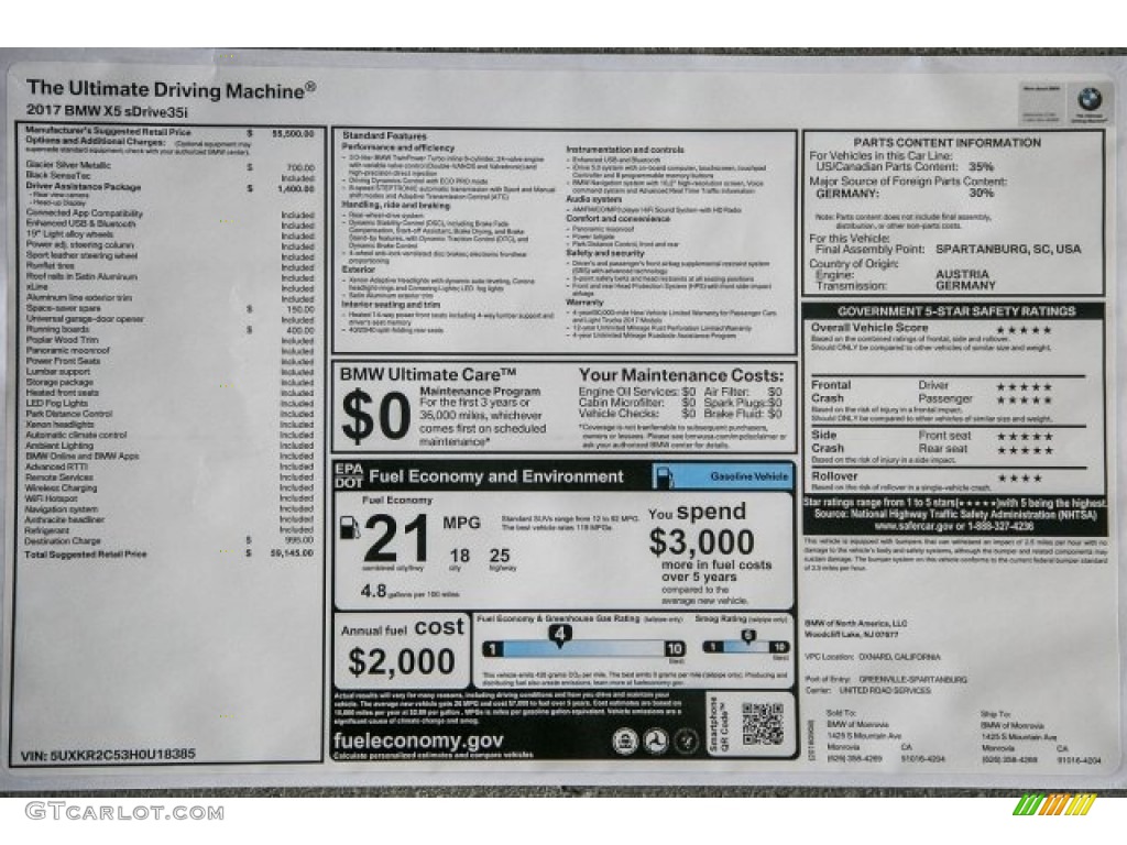 2017 BMW X5 sDrive35i Window Sticker Photos
