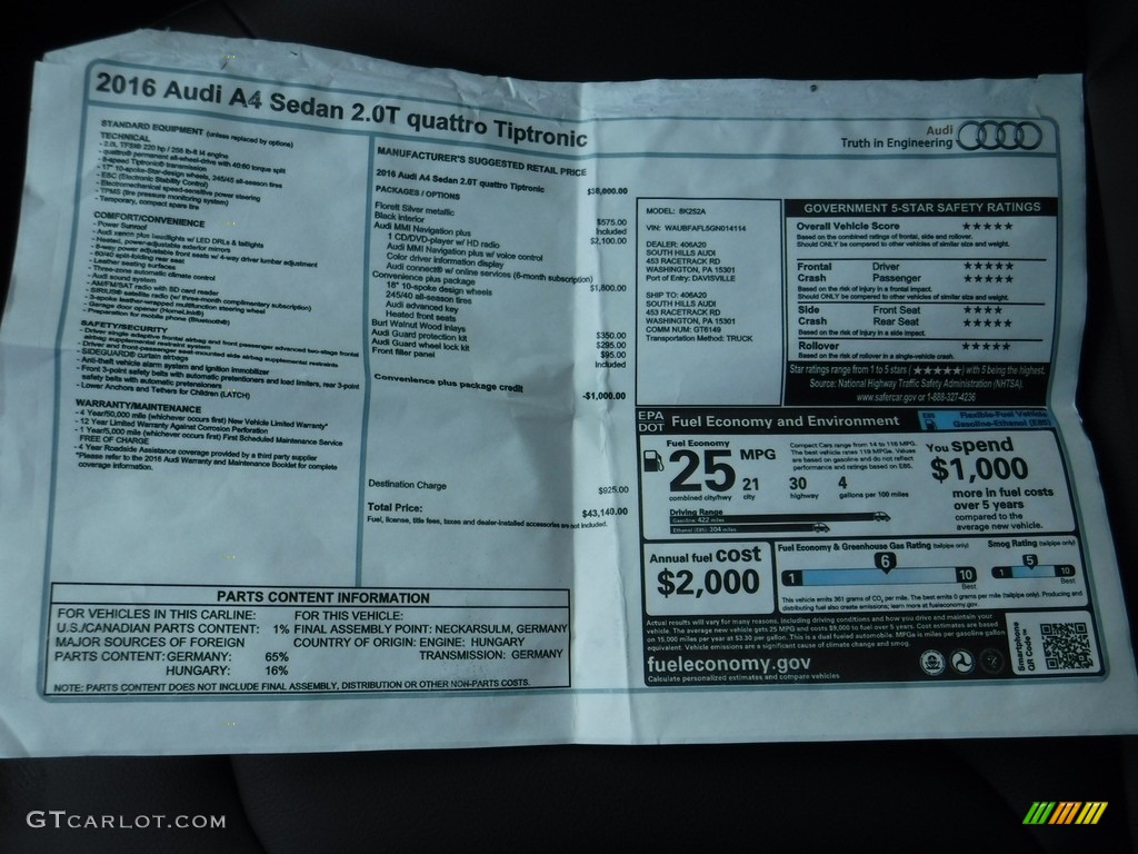 2016 A4 2.0T Premium quattro - Florett Silver Metallic / Black photo #38