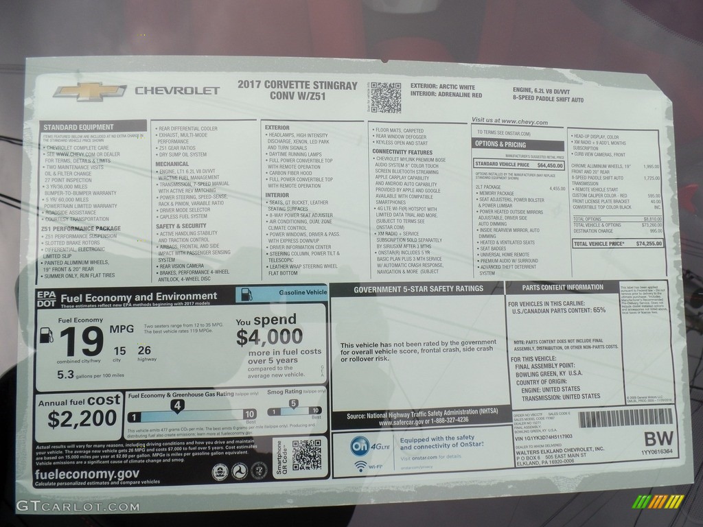 2017 Chevrolet Corvette Stingray Convertible Window Sticker Photo #119103523