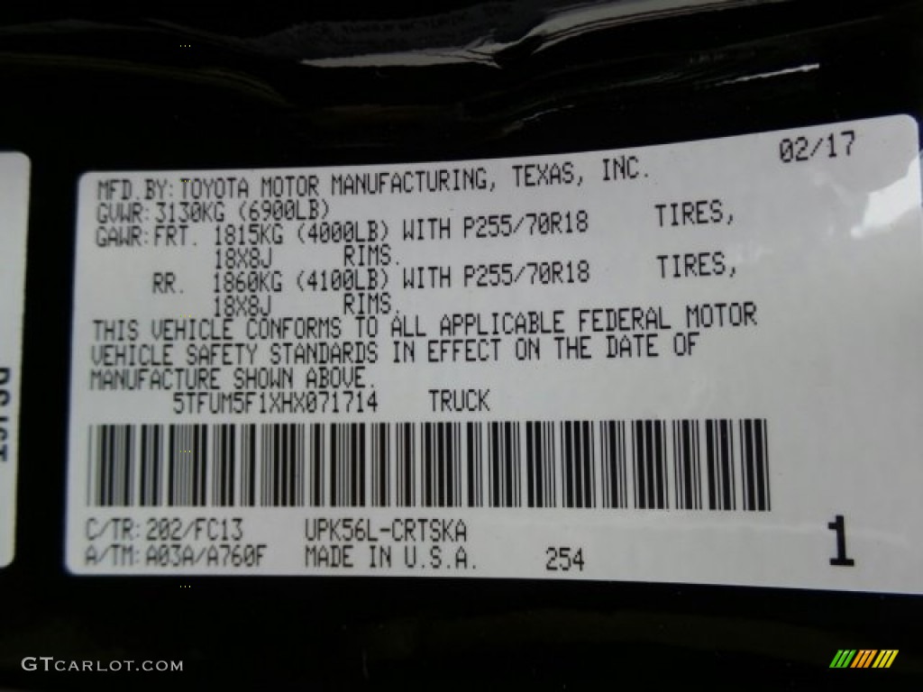 2017 Tundra Color Code 202 for Black Photo #119122655