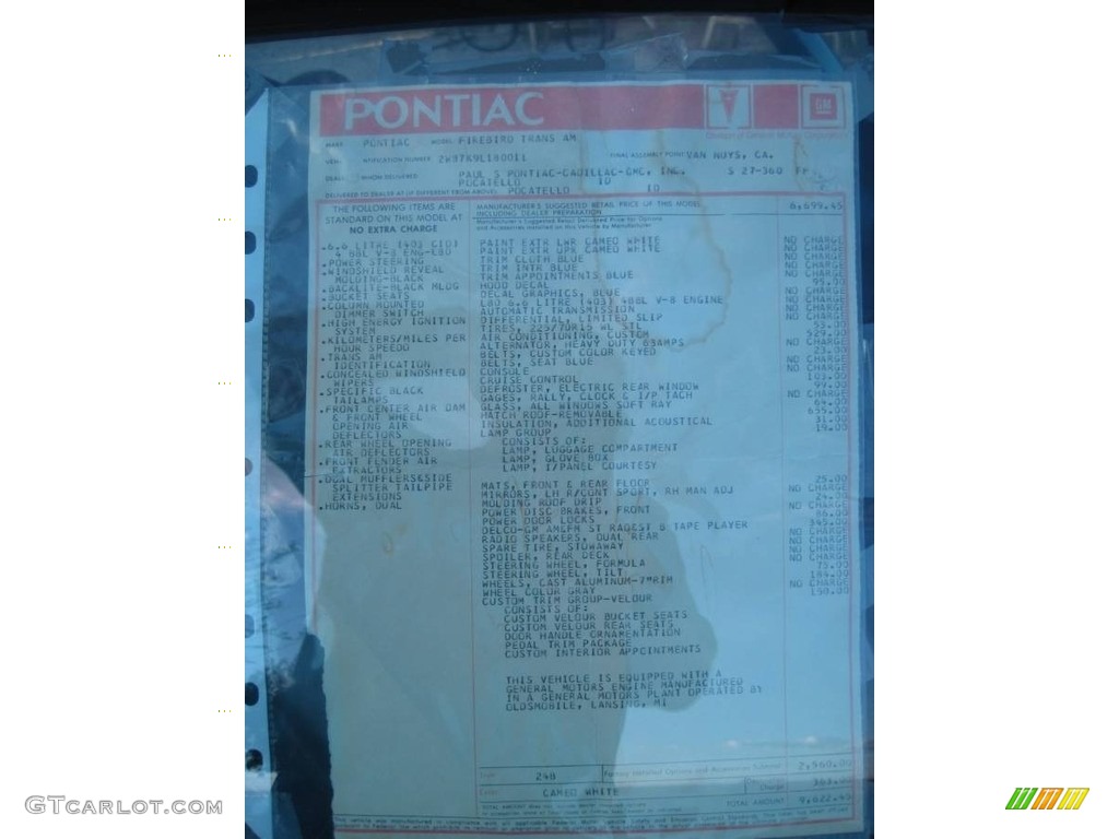 1979 Pontiac Firebird Trans Am Window Sticker Photos