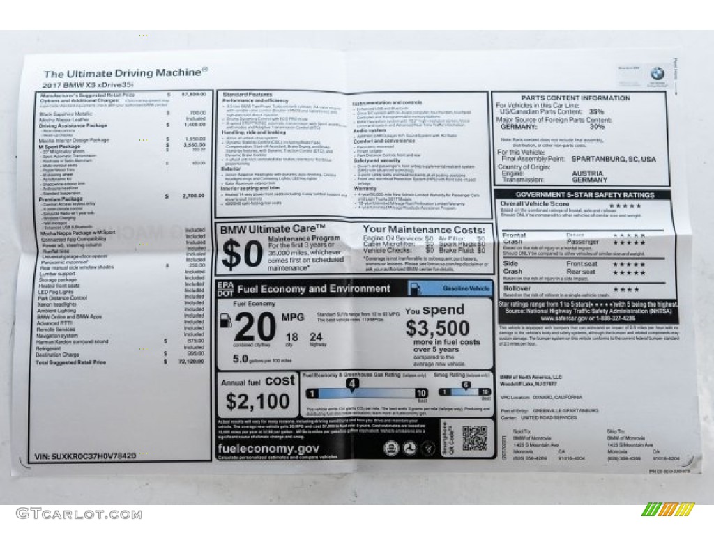 2017 BMW X5 xDrive35i Window Sticker Photo #119136272