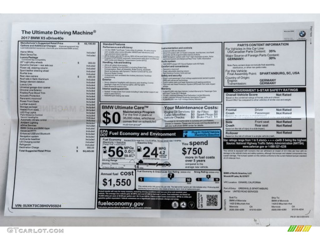 2017 BMW X5 xDrive40e iPerformance Window Sticker Photo #119195800