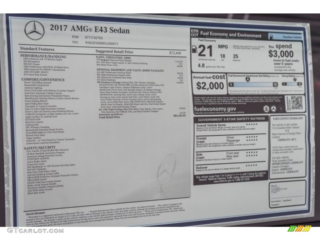 2017 Mercedes-Benz E 43 AMG 4Matic Sedan Window Sticker Photo #119197546