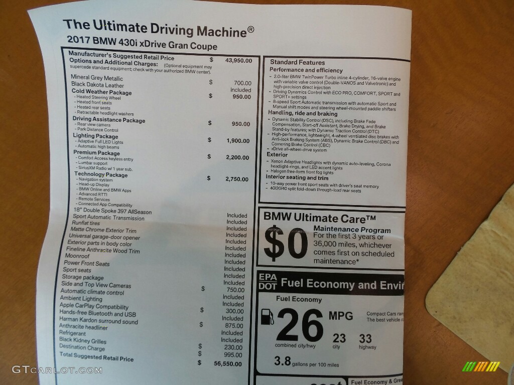 2017 BMW 4 Series 430i xDrive Gran Coupe Window Sticker Photos