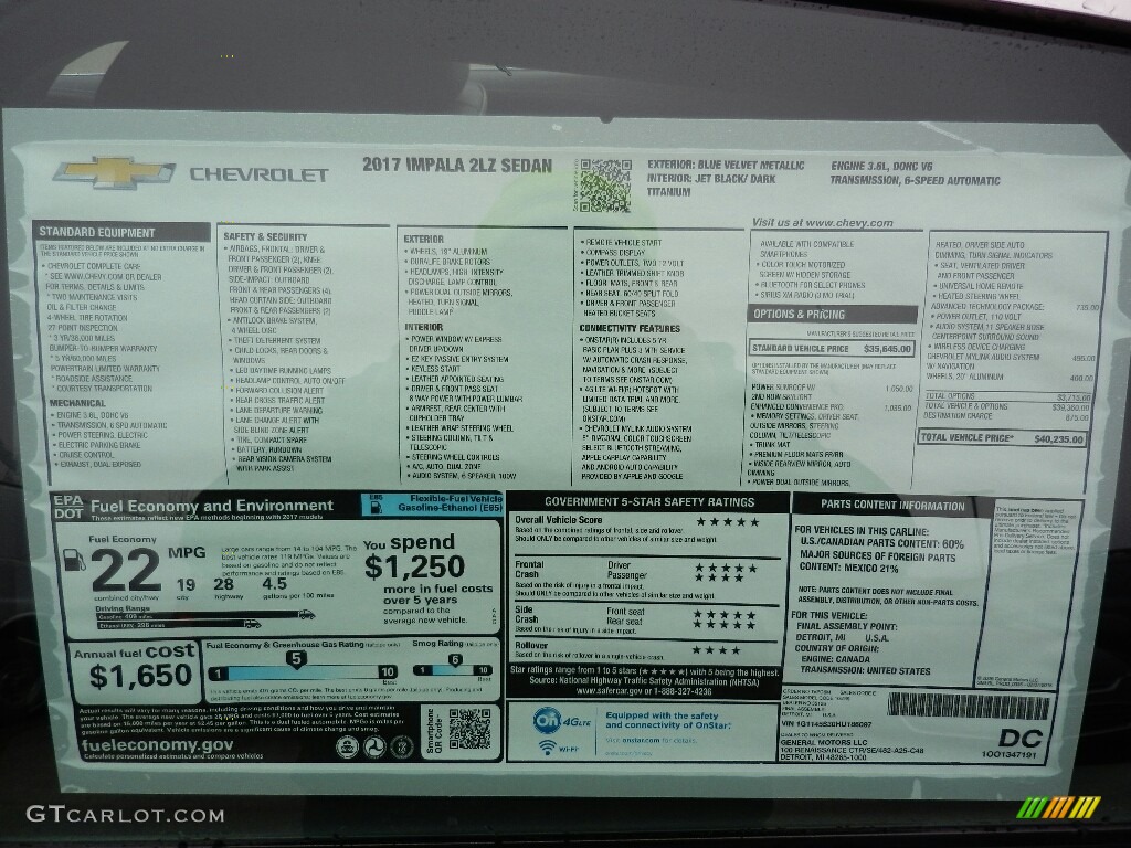 2017 Chevrolet Impala LZ Window Sticker Photo #119232269