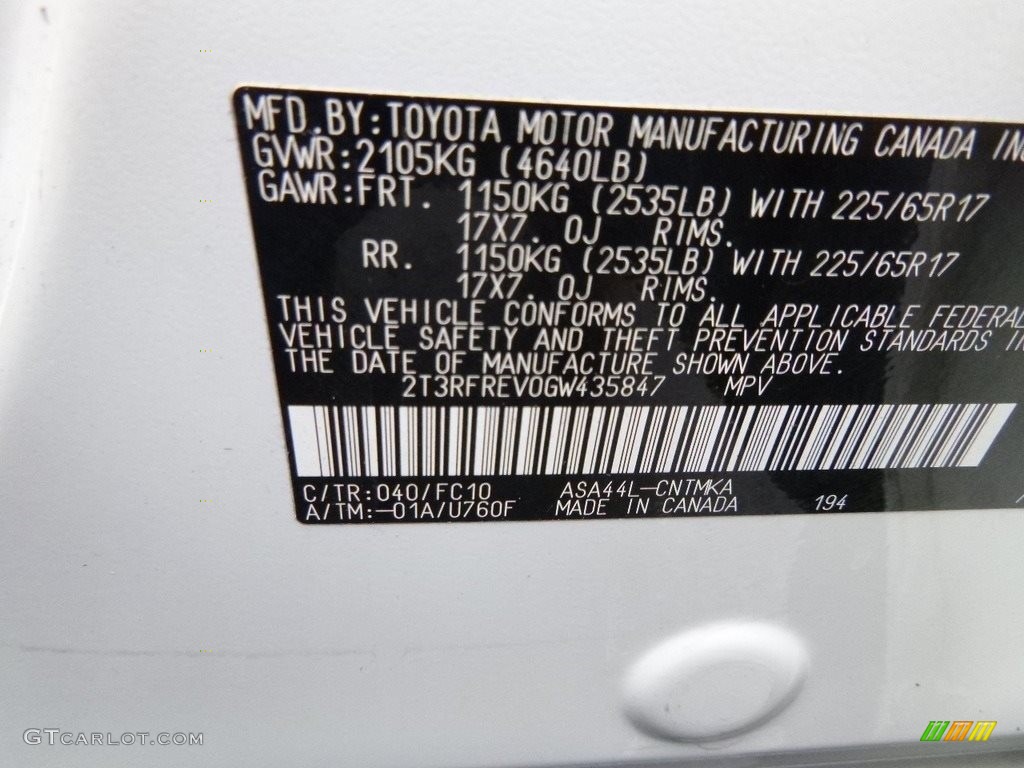 2016 Toyota RAV4 XLE AWD Color Code Photos