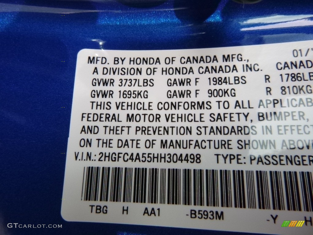 2017 Civic Color Code B593M for Aegean Blue Metallic Photo #119246004