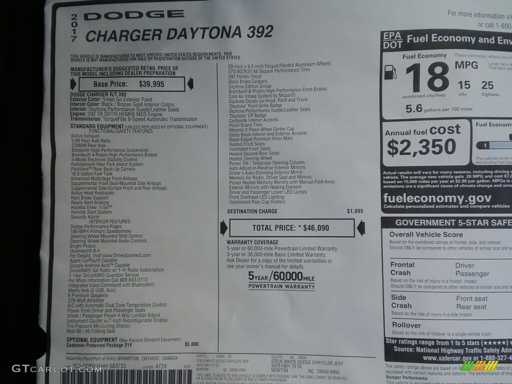 2017 Charger Daytona 392 - Green Go / Black/Brazen Gold photo #26