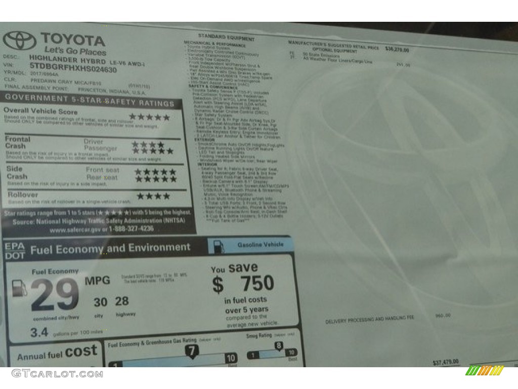 2017 Toyota Highlander Hybrid LE AWD Window Sticker Photos