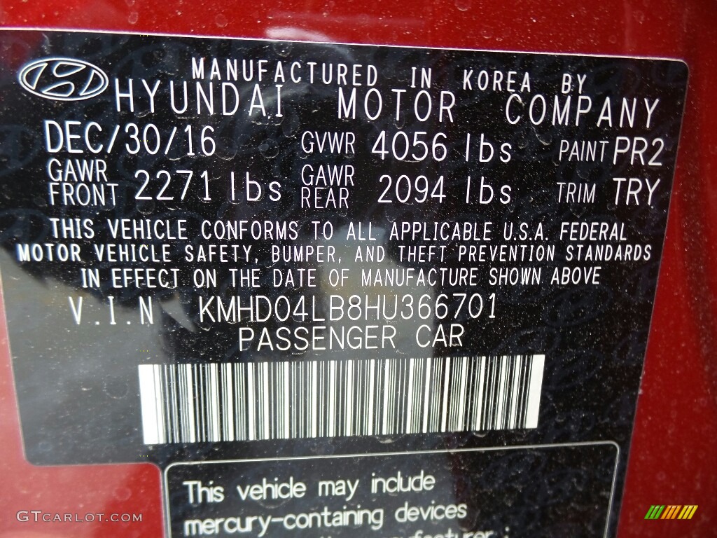 2017 Elantra Color Code PR2 for Red Photo #119302463