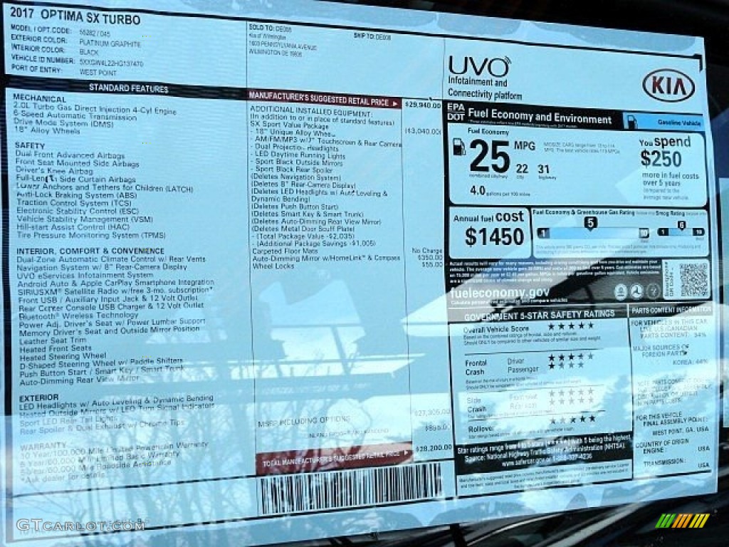 2017 Kia Optima SX Window Sticker Photo #119313644