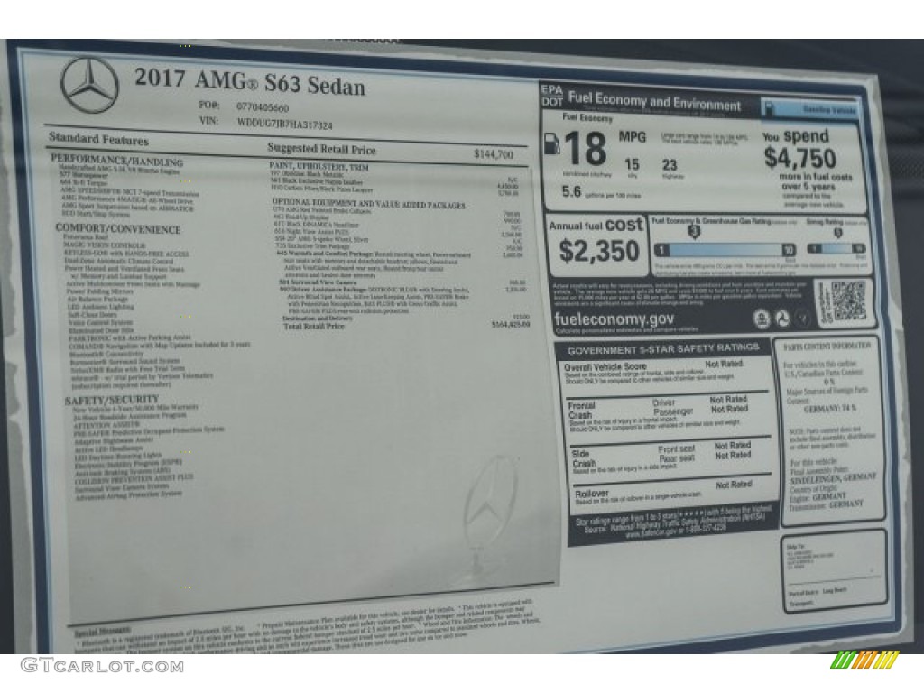 2017 Mercedes-Benz S 63 AMG 4Matic Sedan Window Sticker Photo #119325502
