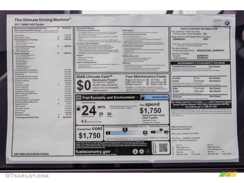 2017 BMW 5 Series 540i Sedan Window Sticker Photo #119325937