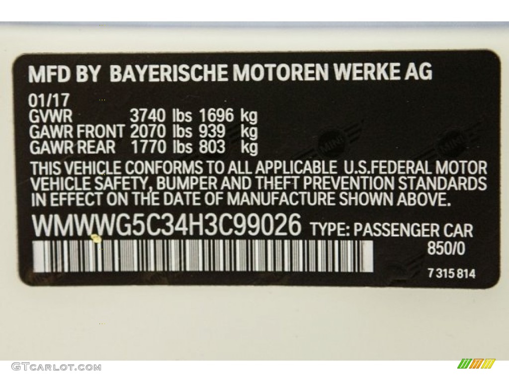 2017 Convertible Color Code 850 for Pepper White Photo #119336337