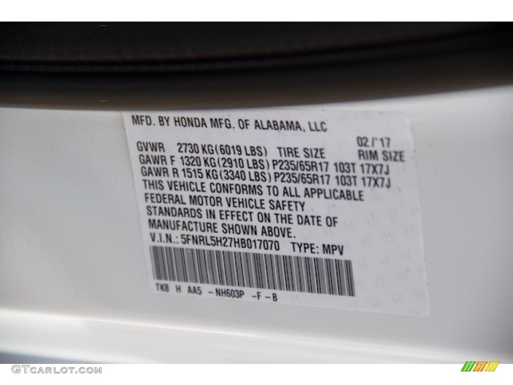2017 Honda Odyssey LX Color Code Photos