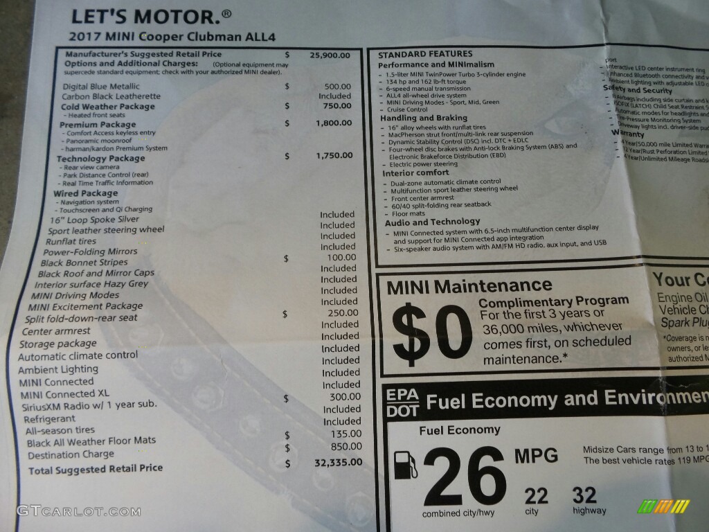 2017 Mini Clubman Cooper ALL4 Window Sticker Photo #119348187