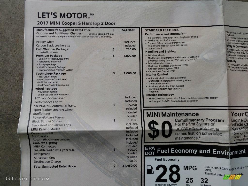 2017 Mini Hardtop Cooper S 2 Door Window Sticker Photo #119349180