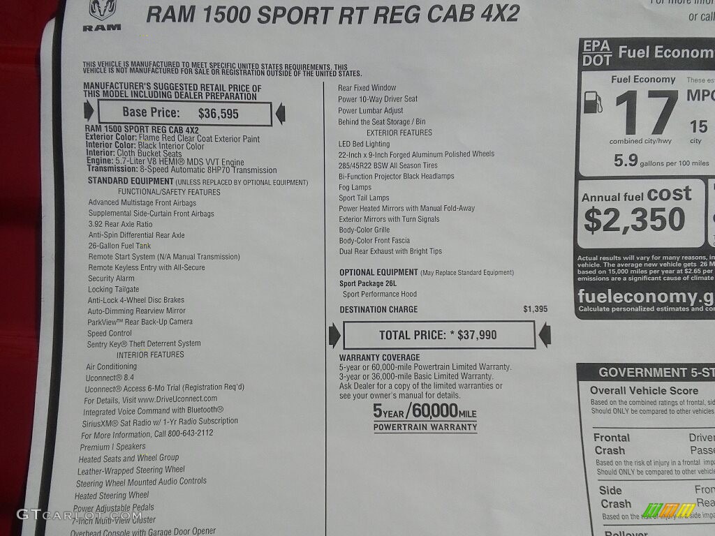2017 Ram 1500 Sport Regular Cab Window Sticker Photo #119353509