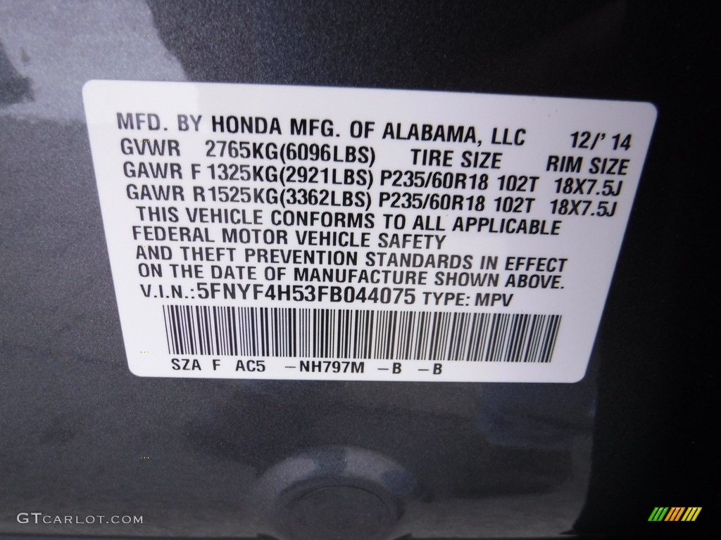 2015 Pilot EX-L 4WD - Modern Steel Metallic / Gray photo #29