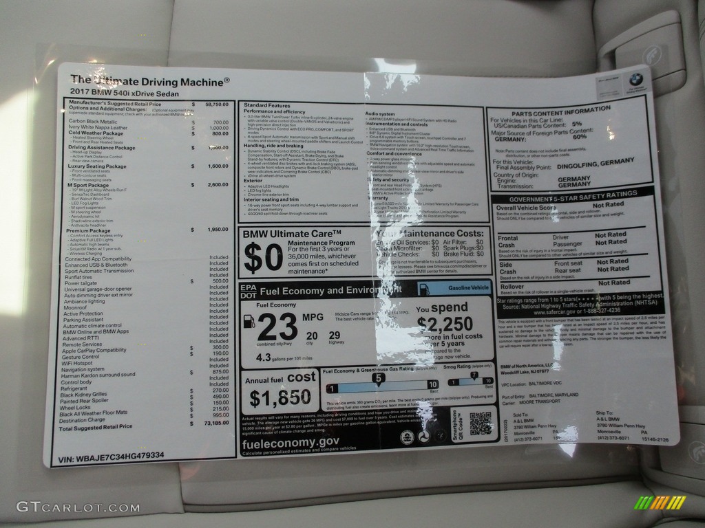 2017 BMW 5 Series 540i xDrive Sedan Window Sticker Photo #119438451