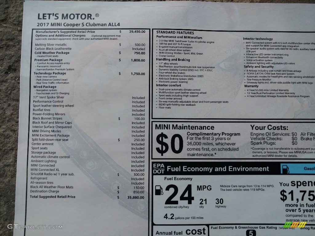 2017 Mini Clubman Cooper S ALL4 Window Sticker Photo #119449686