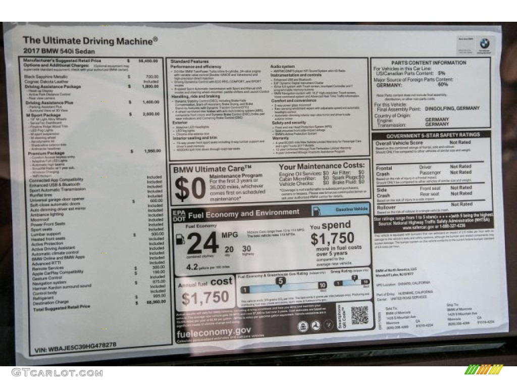 2017 BMW 5 Series 540i Sedan Window Sticker Photo #119453133