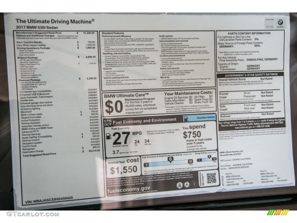 2017 5 Series 530i Sedan - Black Sapphire Metallic / Ivory White photo #10