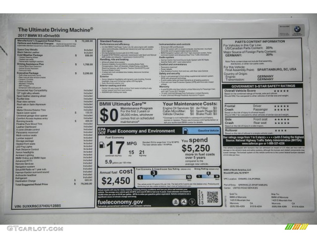 2017 BMW X5 xDrive50i Window Sticker Photo #119455731