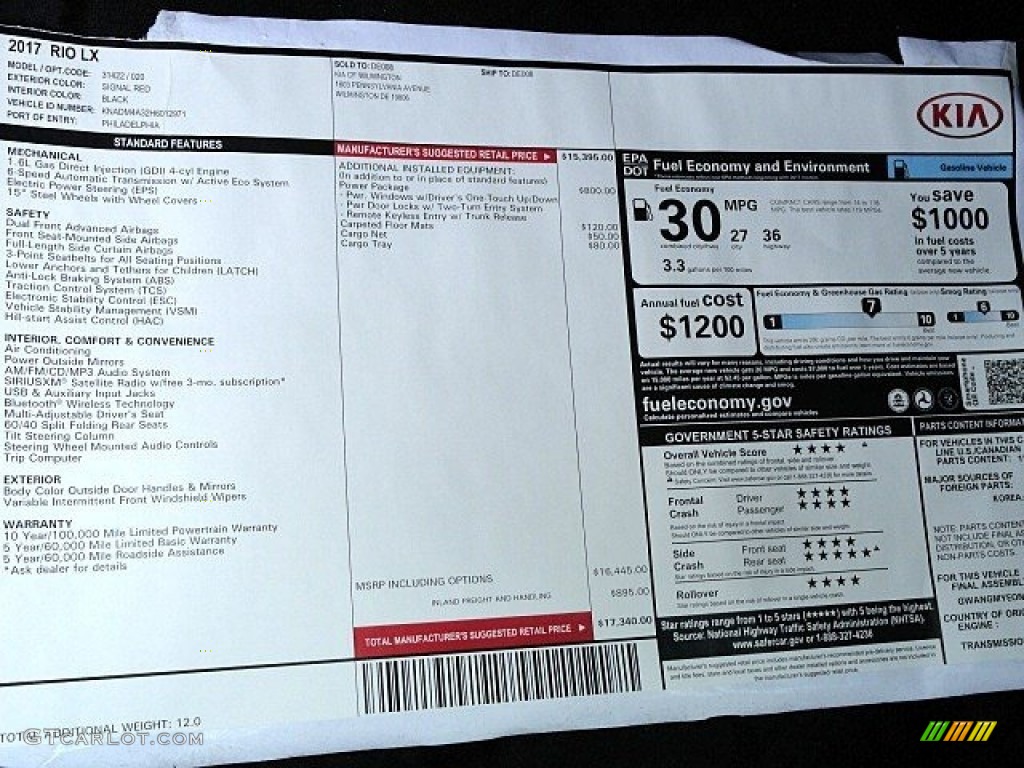 2017 Kia Rio LX Sedan Window Sticker Photo #119465375