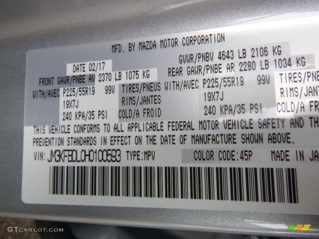 2017 CX-5 Color Code 45P for Sonic Silver Metallic Photo #119505190