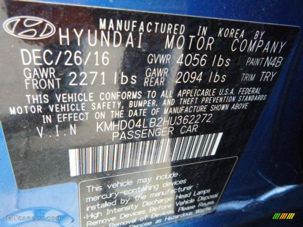 2017 Elantra Color Code N4B for Electric Blue Photo #119513377