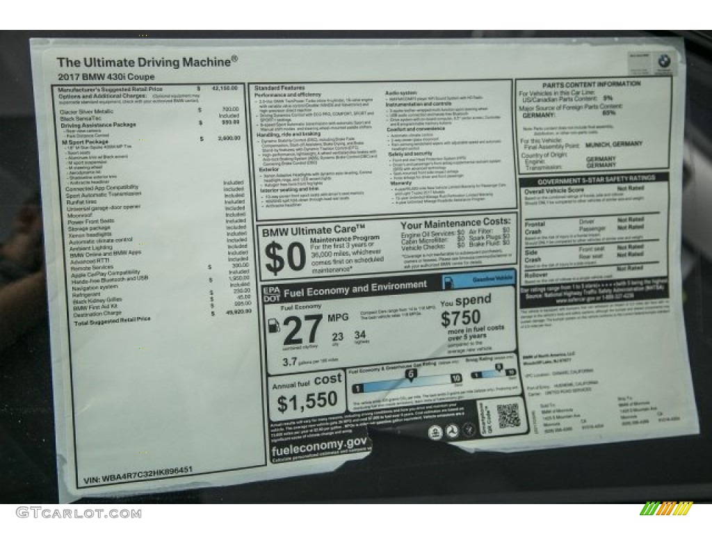 2017 BMW 4 Series 430i Coupe Window Sticker Photo #119523196