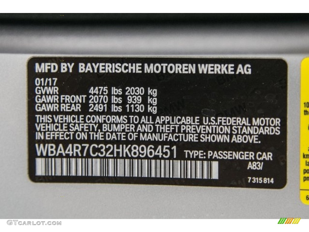 2017 4 Series Color Code A83 for Glacier Silver Metallic Photo #119523211