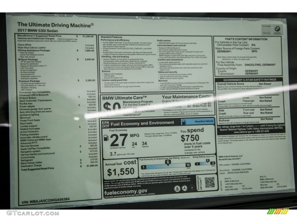 2017 BMW 5 Series 530i Sedan Window Sticker Photo #119523448
