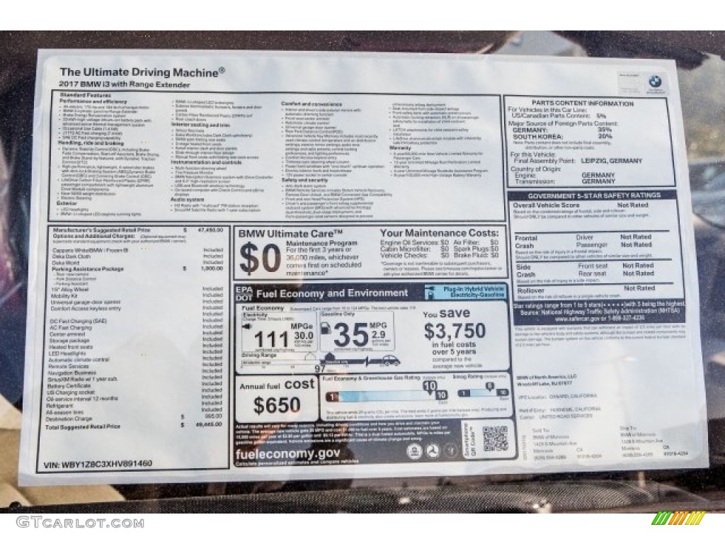2017 BMW i3 with Range Extender Window Sticker Photo #119528557