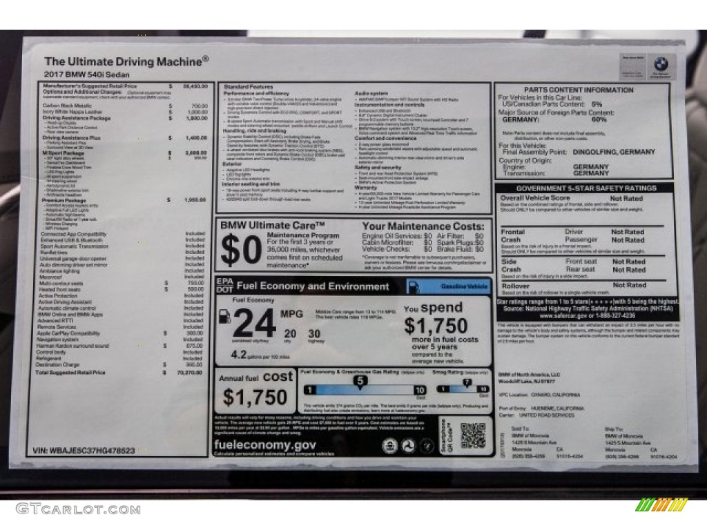 2017 BMW 5 Series 540i Sedan Window Sticker Photo #119529052