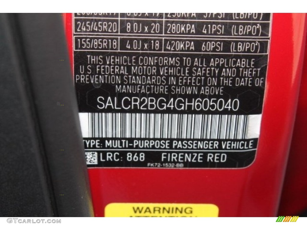 2016 Discovery Sport Color Code 868 for Firenze Red Metallic Photo #119530639