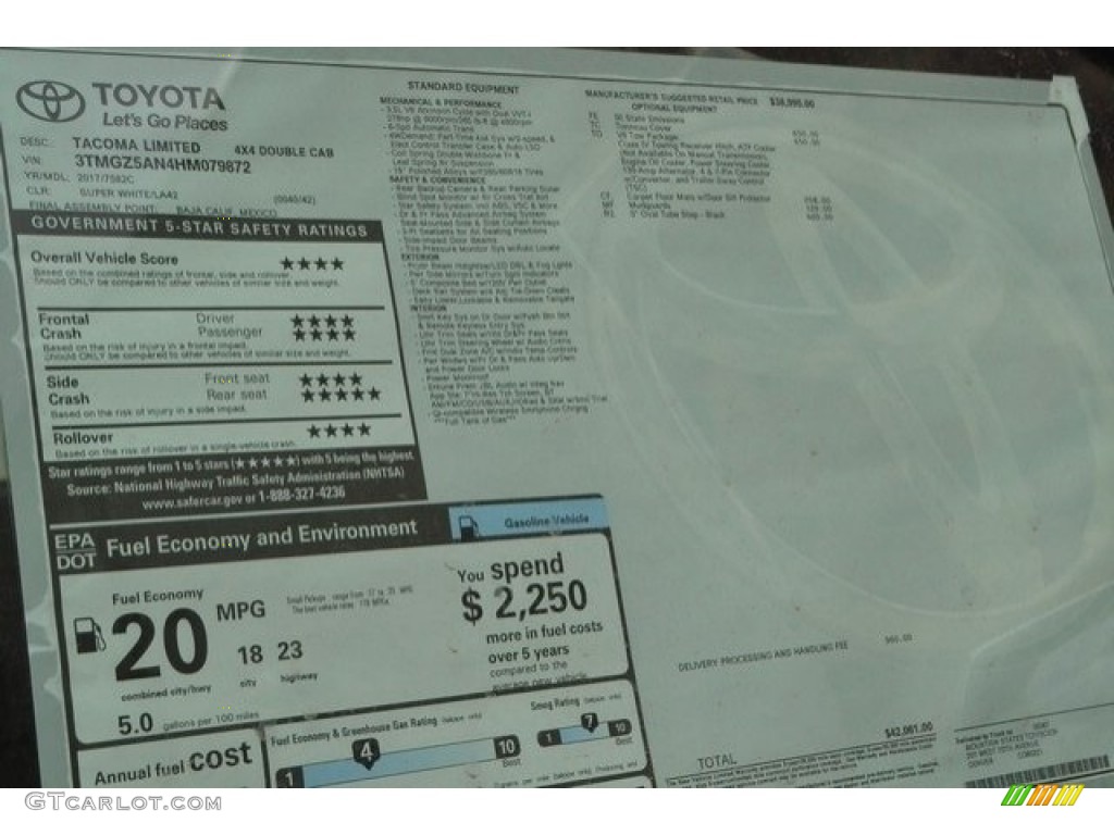 2017 Toyota Tacoma Limited Double Cab 4x4 Window Sticker Photo #119553588