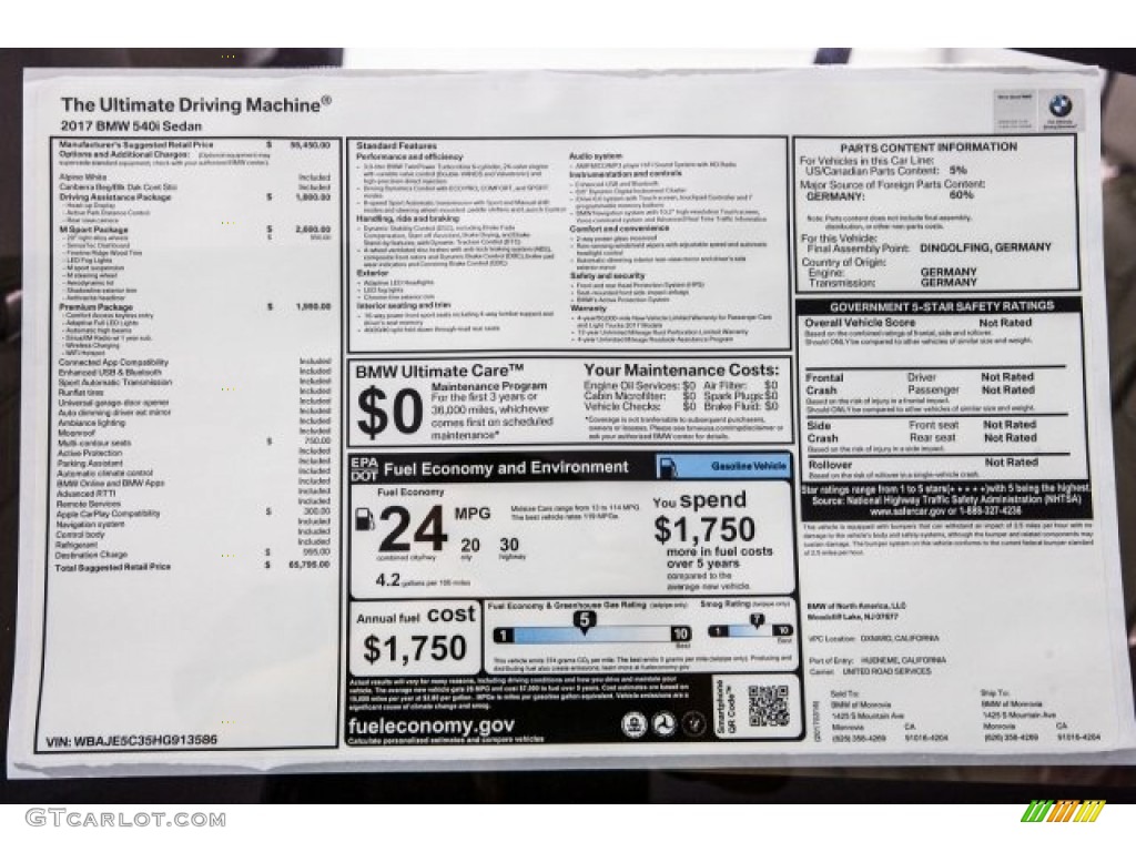 2017 BMW 5 Series 540i Sedan Window Sticker Photo #119557308