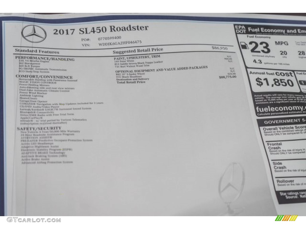 2017 Mercedes-Benz SL 450 Roadster Window Sticker Photo #119613924
