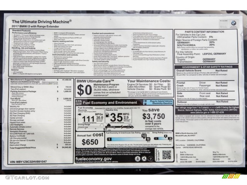 2017 BMW i3 with Range Extender Window Sticker Photo #119633400