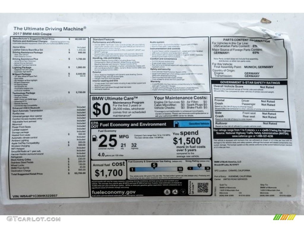 2017 BMW 4 Series 440i Coupe Window Sticker Photos