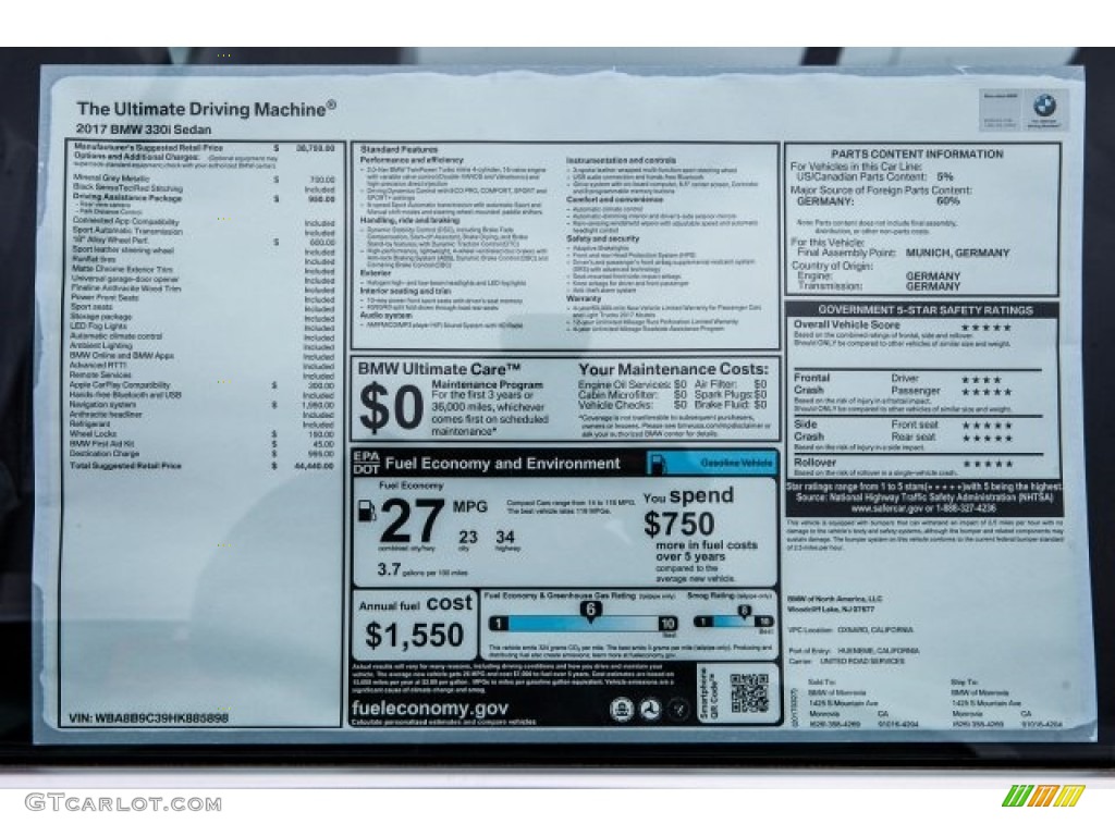 2017 3 Series 330i Sedan - Mineral Grey Metallic / Black photo #10