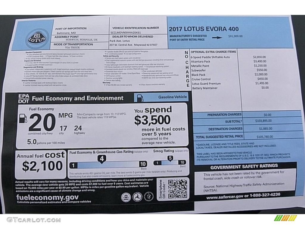 2017 Lotus Evora 400 Window Sticker Photo #119680050
