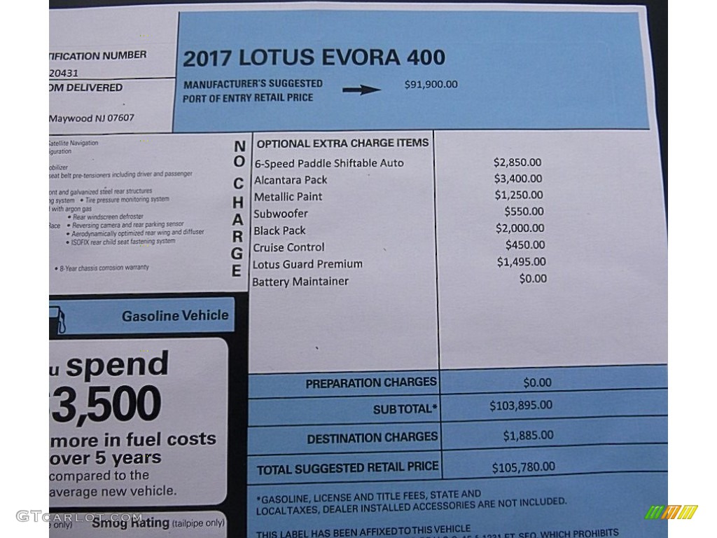 2017 Lotus Evora 400 Window Sticker Photo #119680074